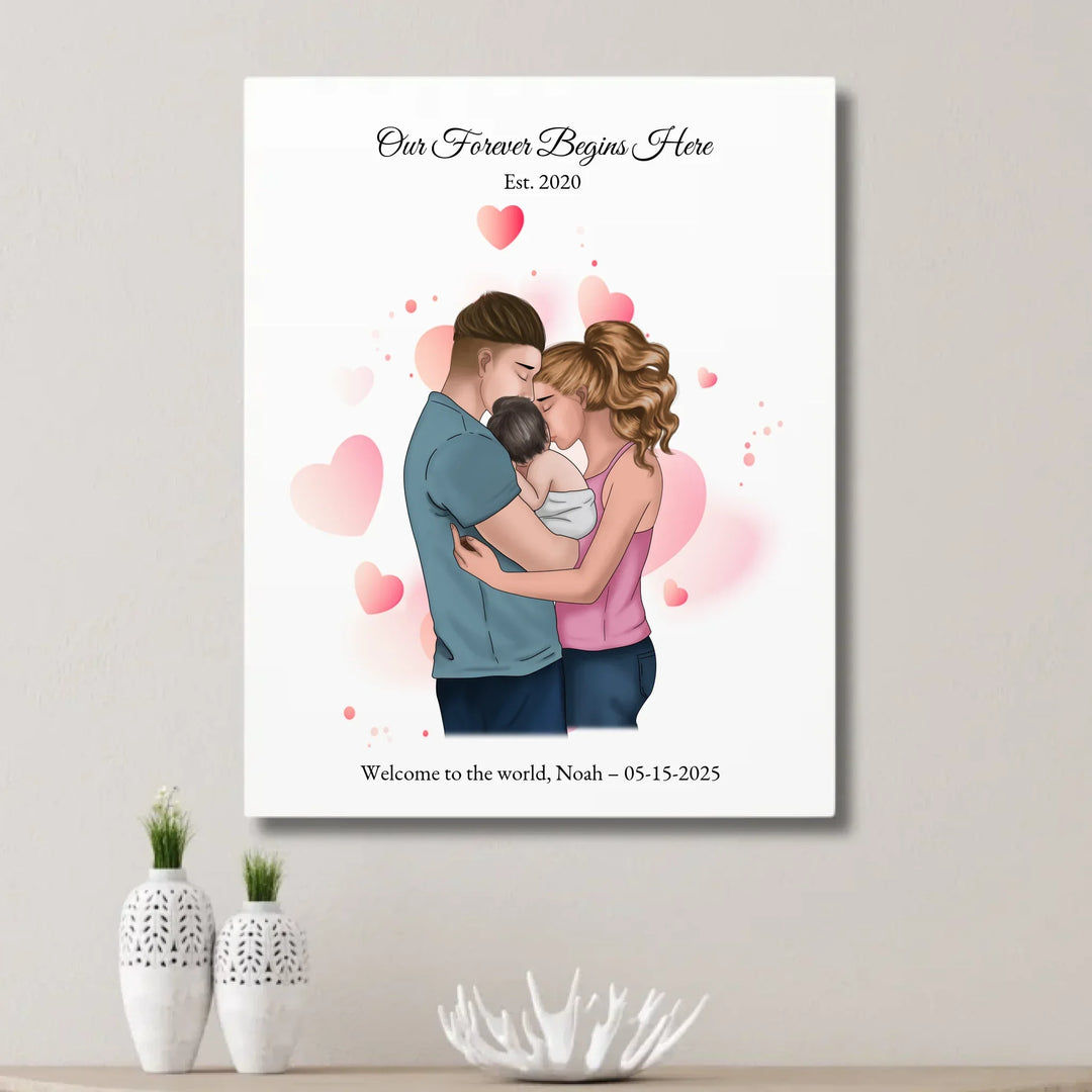 Illustrated custom family portrait wall art with couple holding baby, watercolor background, and personalized text including names, date, and quote - unframed canvas on wall-ARTFULANE