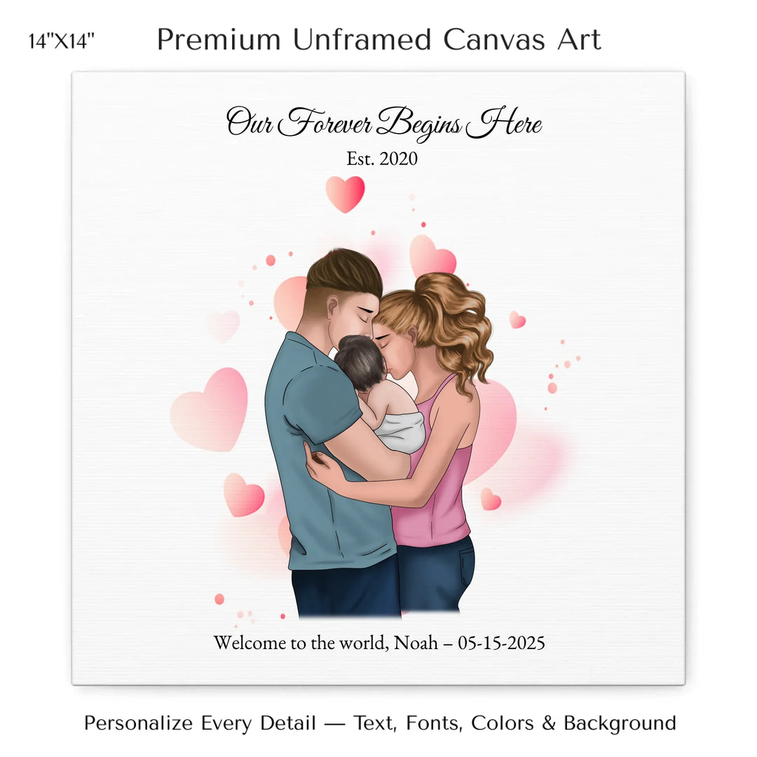 Illustrated custom family portrait wall art with couple holding baby, watercolor background, and personalized text including names, date, and quote - 14x14 stretched canvas-ARTFULANE