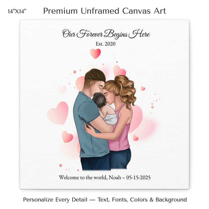 Illustrated custom family portrait wall art with couple holding baby, watercolor background, and personalized text including names, date, and quote - 14x14 stretched canvas-ARTFULANE