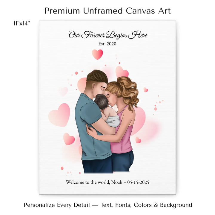 Illustrated custom family portrait wall art with couple holding baby, watercolor background, and personalized text including names, date, and quote - 11x14 stretched canvas-ARTFULANE