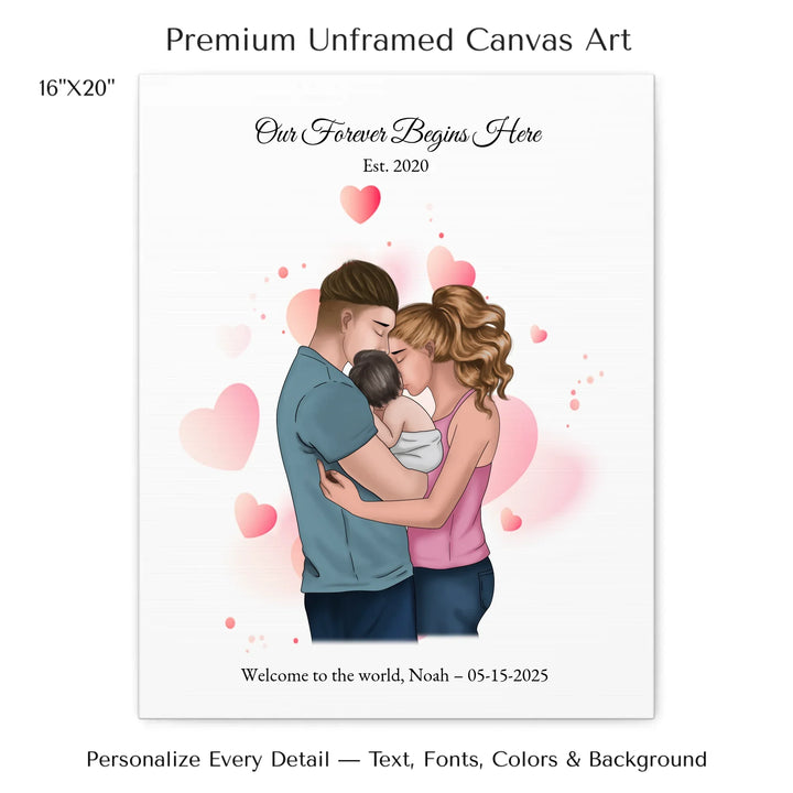 Illustrated custom family portrait wall art with couple holding baby, watercolor background, and personalized text including names, date, and quote - 16x20 stretched canvas-ARTFULANE