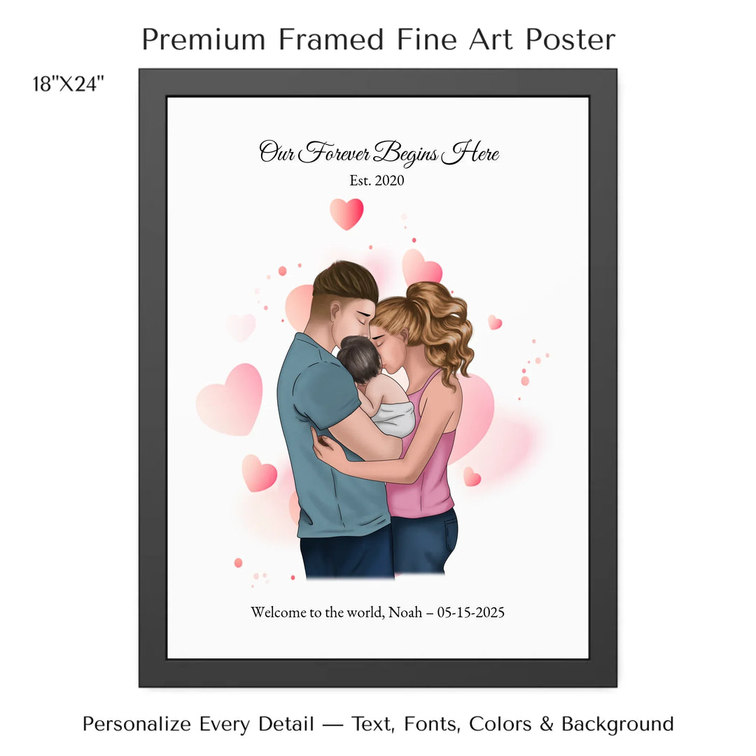 Illustrated custom family portrait wall art with couple holding baby, watercolor background, and personalized text including names, date, and quote -18x24 framed poster-ARTFULANE