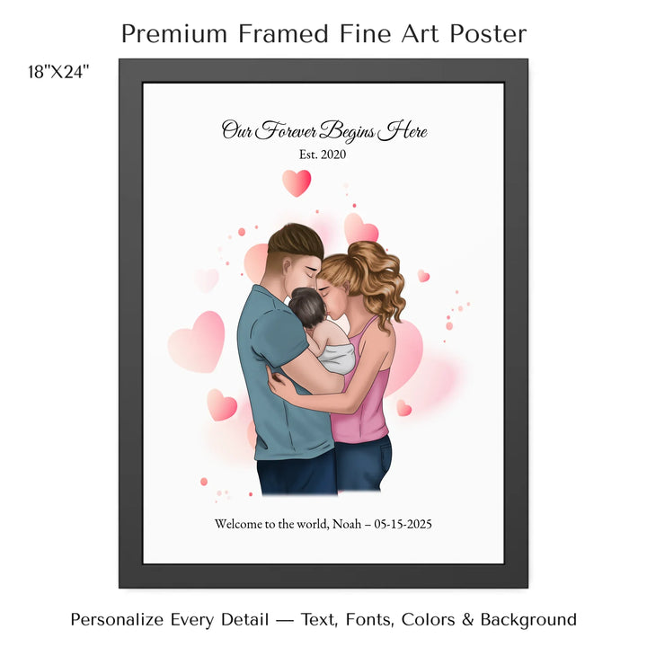 Illustrated custom family portrait wall art with couple holding baby, watercolor background, and personalized text including names, date, and quote -18x24 framed poster-ARTFULANE