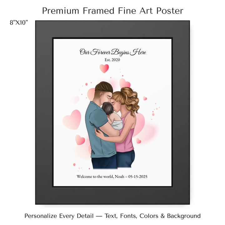 Illustrated custom family portrait wall art with couple holding baby, watercolor background, and personalized text including names, date, and quote -8x10 framed poster-ARTFULANE