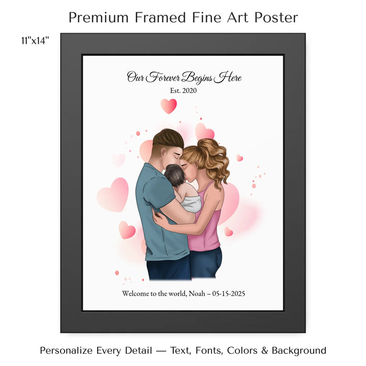 Illustrated custom family portrait wall art with couple holding baby, watercolor background, and personalized text including names, date, and quote - 11x14 framed poster-ARTFULANE