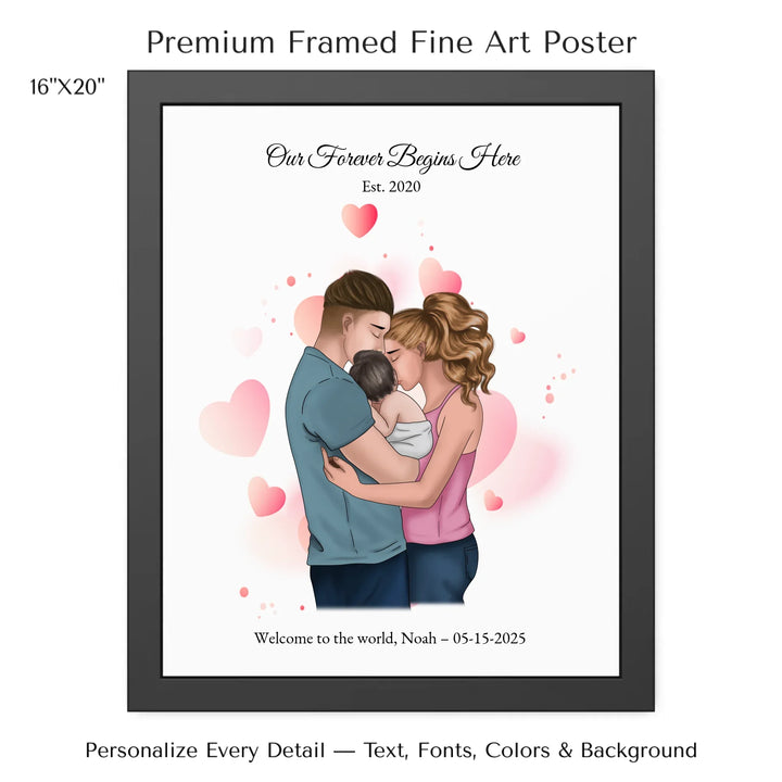 Illustrated custom family portrait wall art with couple holding baby, watercolor background, and personalized text including names, date, and quote -16x20 framed poster-ARTFULANE