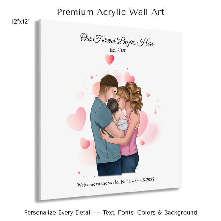 Illustrated custom family portrait wall art with couple holding baby, watercolor background, and personalized text including names, date, and quote -12x12 acrylic print with french cleat-ARTFULANE