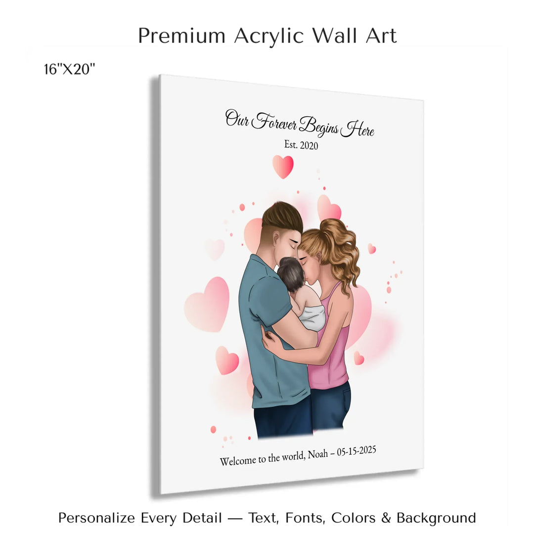 Illustrated custom family portrait wall art with couple holding baby, watercolor background, and personalized text including names, date, and quote -16x20 acrylic print with french cleat-ARTFULANE