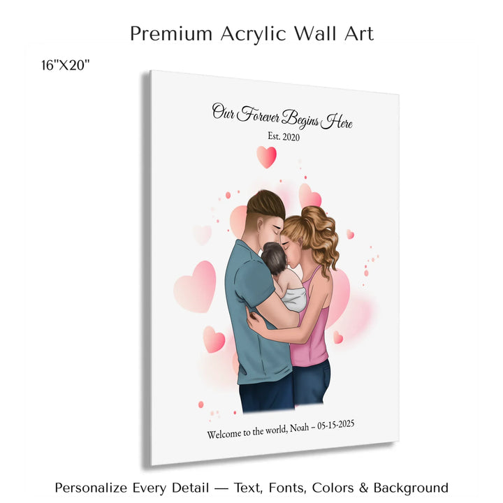 Illustrated custom family portrait wall art with couple holding baby, watercolor background, and personalized text including names, date, and quote -16x20 acrylic print with french cleat-ARTFULANE