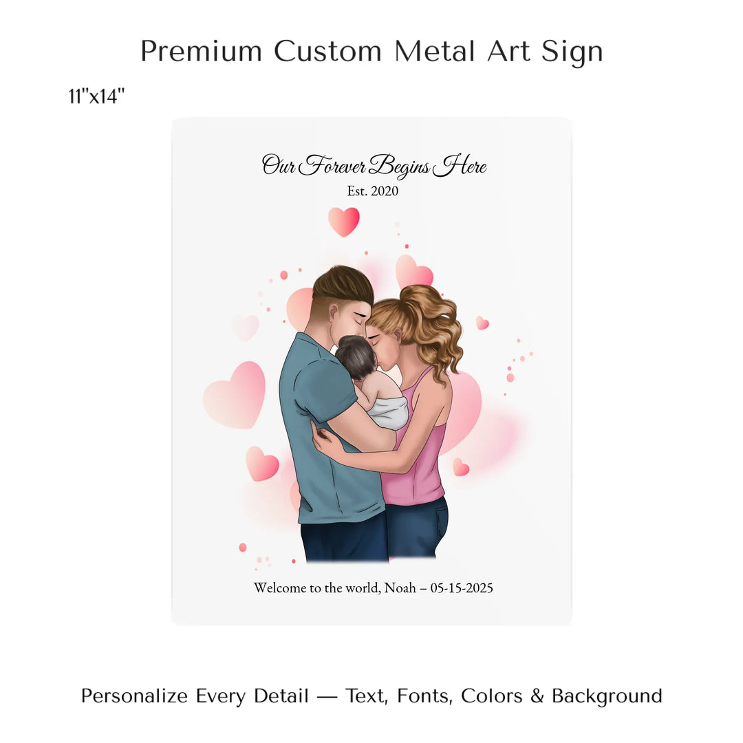 Illustrated custom family portrait wall art with couple holding baby, watercolor background, and personalized text including names, date, and quote - 11x14 metal art sign-ARTFULANE