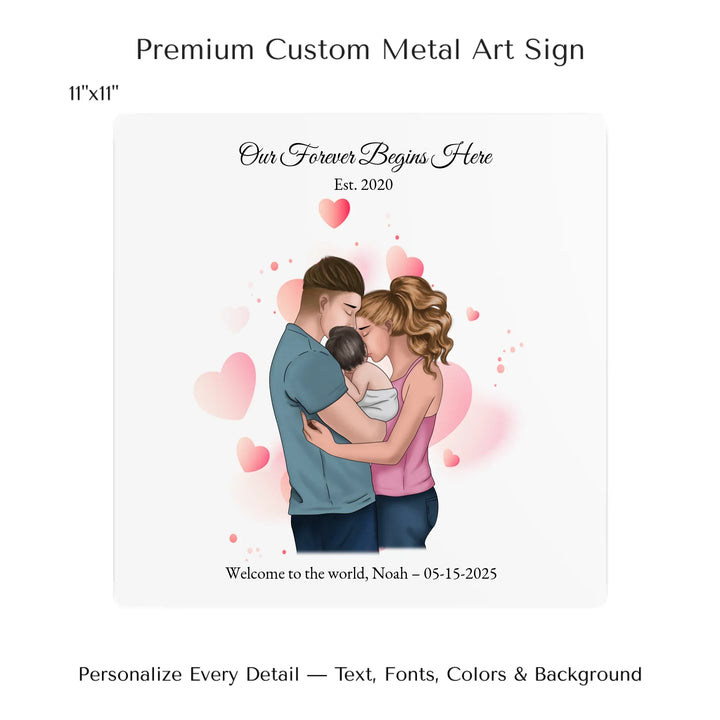 Illustrated custom family portrait wall art with couple holding baby, watercolor background, and personalized text including names, date, and quote -11x11 metal art sign-ARTFULANE