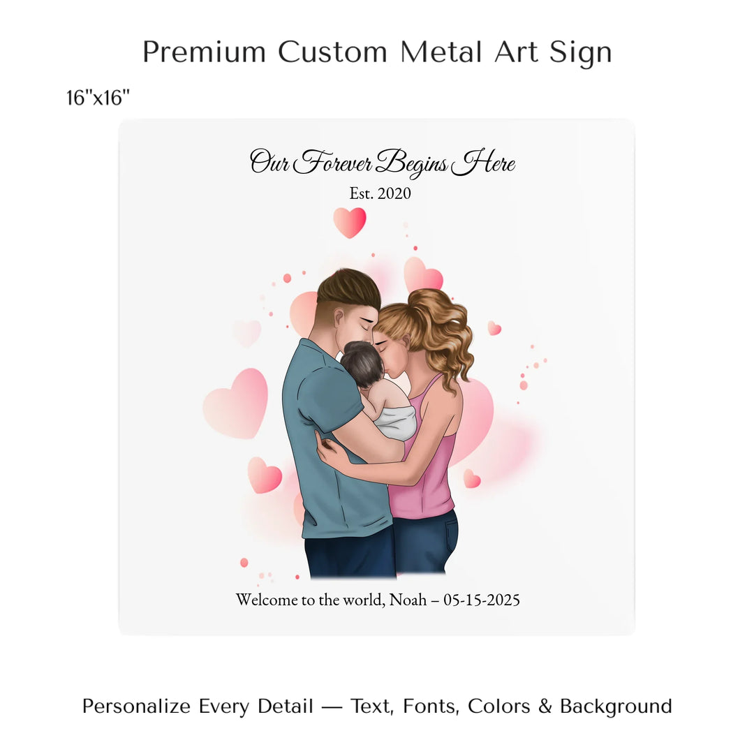 Illustrated custom family portrait wall art with couple holding baby, watercolor background, and personalized text including names, date, and quote -16x16 metal art sign-ARTFULANE