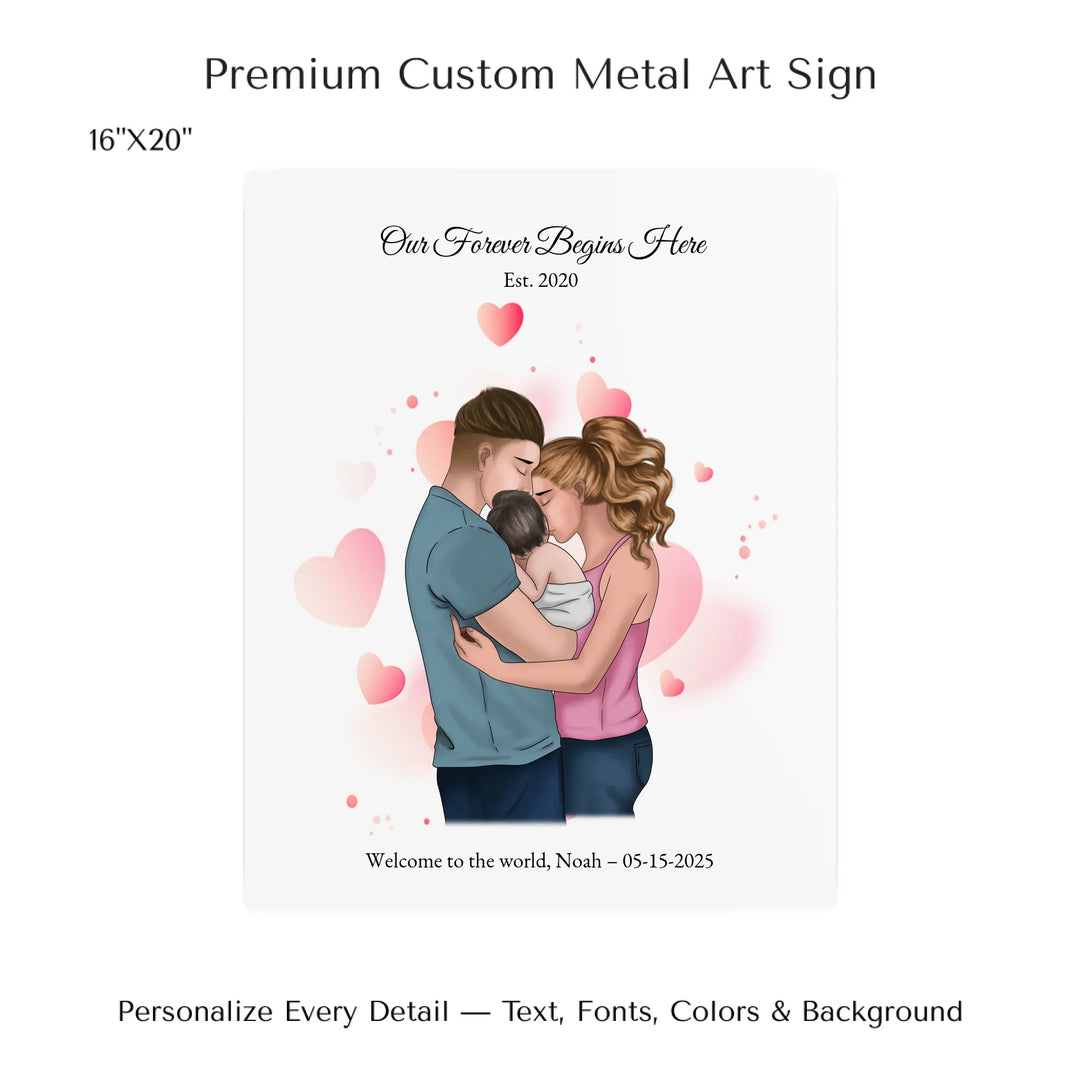 Illustrated custom family portrait wall art with couple holding baby, watercolor background, and personalized text including names, date, and quote -16x20 metal art sign-ARTFULANE