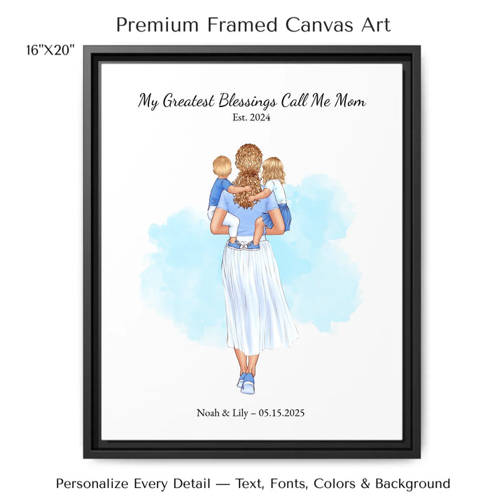 Illustrated custom portrait of mother holding baby, watercolor-style background, personalized names and date included - 16x20 framed canvas-ARTFULANE