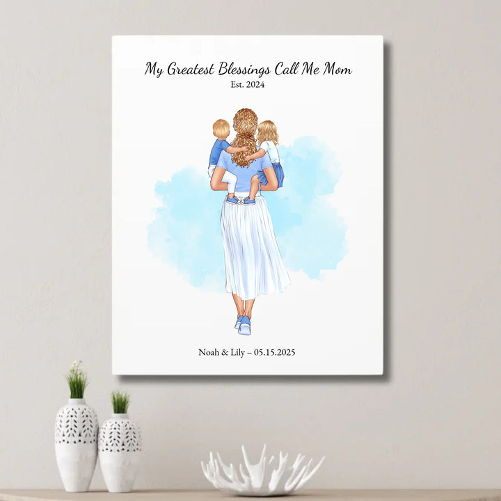 Illustrated custom portrait of mother holding baby, watercolor-style background, personalized names and date included -  unframed canvas on wall-ARTFULANE