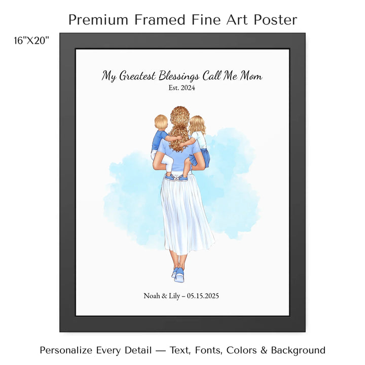Illustrated custom portrait of mother holding baby, watercolor-style background, personalized names and date included - 16x20 framed poster-ARTFULANE