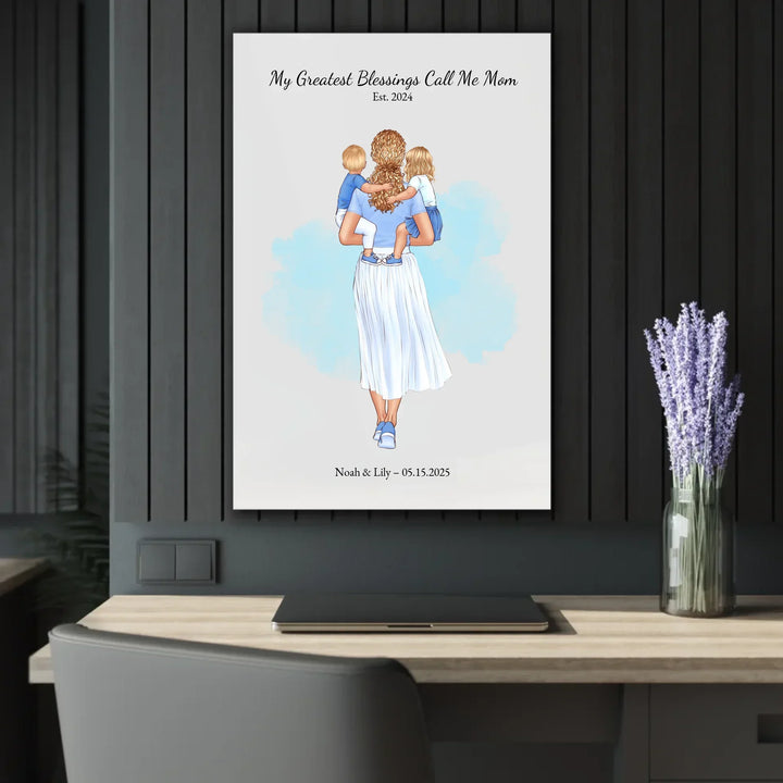 Illustrated custom portrait of mother holding baby, watercolor-style background, personalized names and date included - 24x36 acrylic print french with cleat context-ARTFULANE
