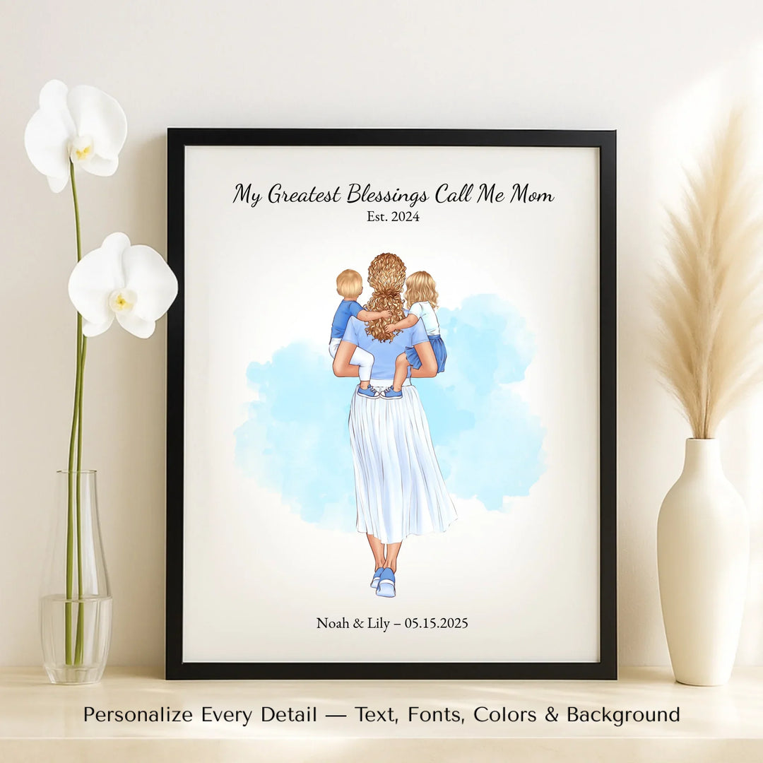 Illustrated custom portrait of mother holding baby, watercolor-style background, personalized names and date included - framed canvas on table-ARTFULANE