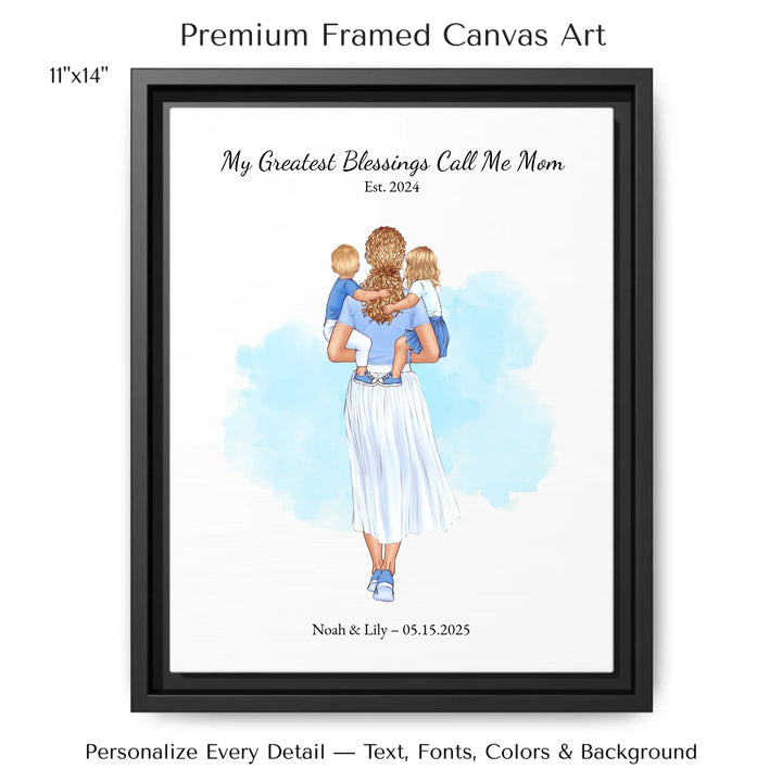 Illustrated custom portrait of mother holding baby, watercolor-style background, personalized names and date included - 11x14 framed canvas-ARTFULANE