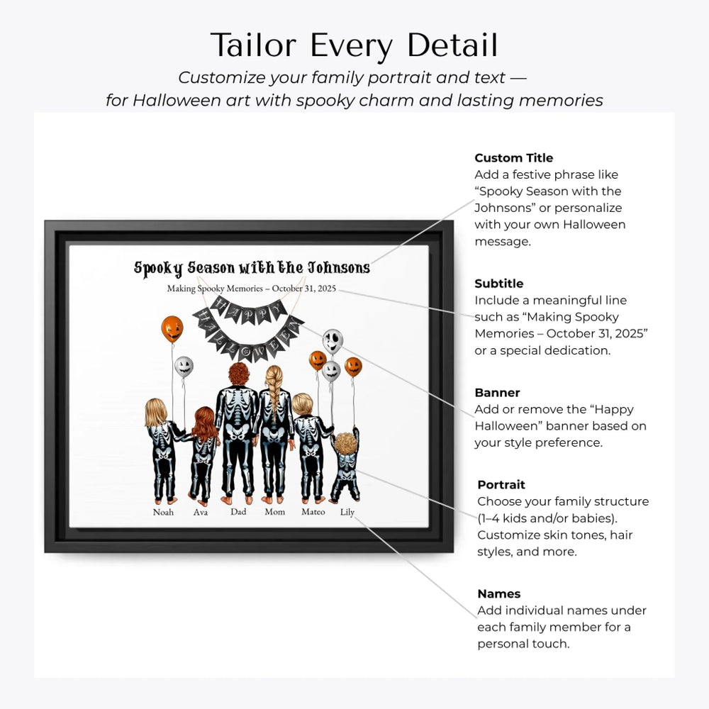 Custom Halloween family portrait wall art featuring parents and kids in skeleton costumes with balloons and Happy Halloween banner - Customization Options-ARTFULANE