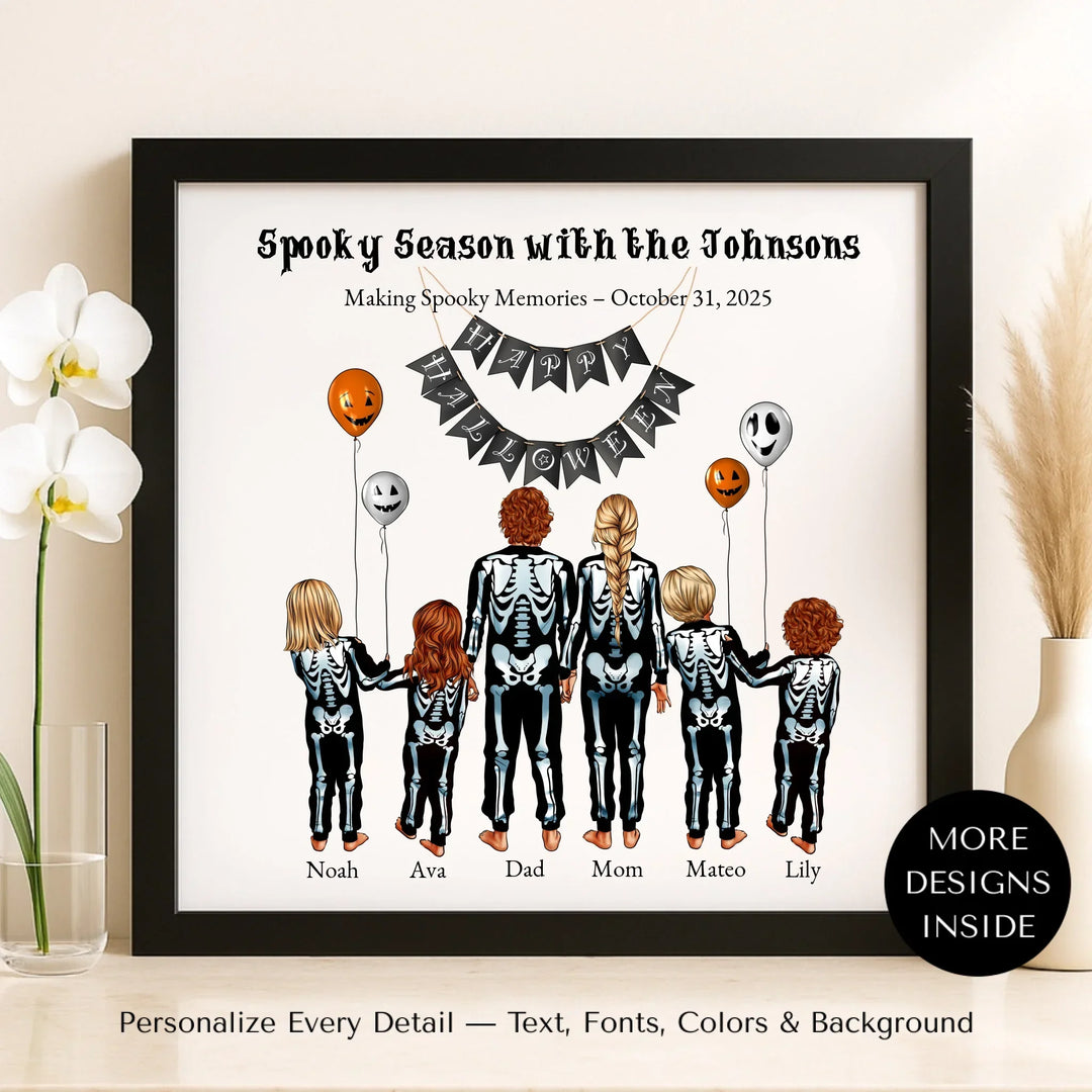Custom Halloween family portrait wall art featuring parents and kids in skeleton costumes with balloons and Happy Halloween banner - framed canvas on shelf-ARTFULANE