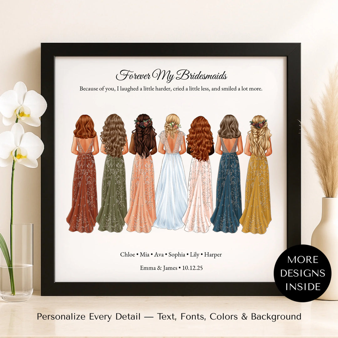 Custom bridesmaid wall art featuring bride with 6 bridesmaids in elegant dresses – personalized names and wedding date included - framed canvas on shelf-ARTFULANE