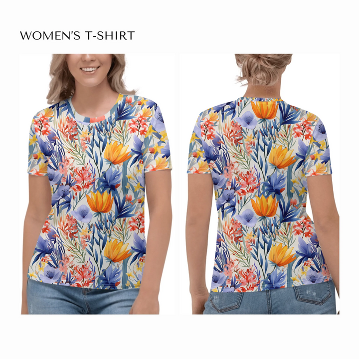 all-over-print-womens-crew-neck-t-shirt-on model-front-and-back-artfulane