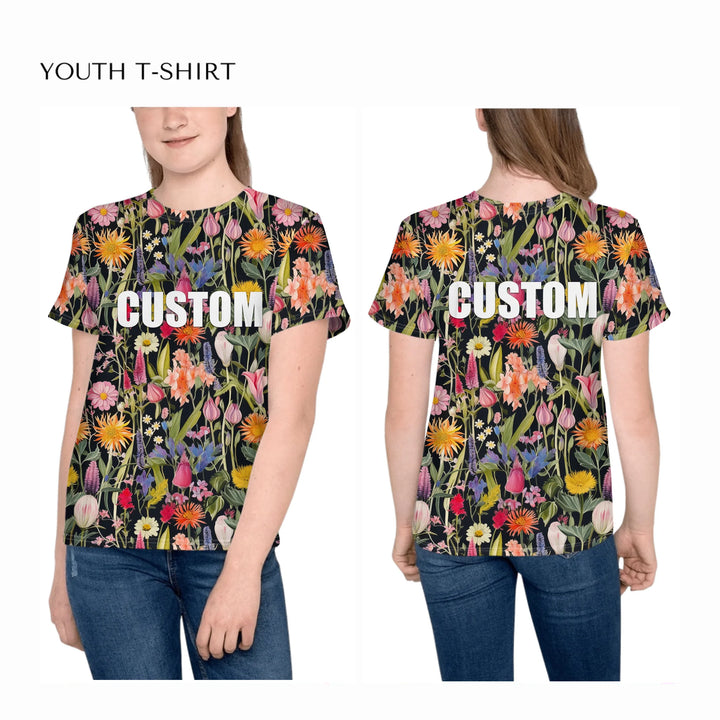 all-over-print-unisex-youth-crew-neck-t-shirt-on-girl-front-and-back-artfulane