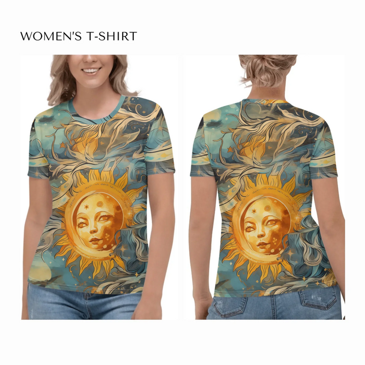 all-over-print-womens-crew-neck-t-shirt-on model-front-and-back-artfulane