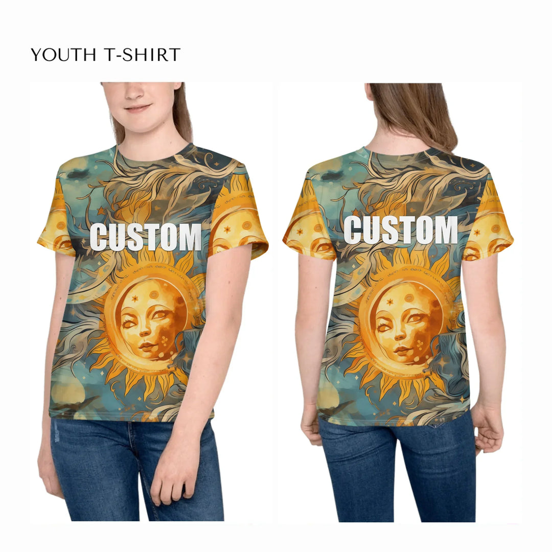 all-over-print-unisex-youth-crew-neck-t-shirt-on-girl-front-and-back-artfulane