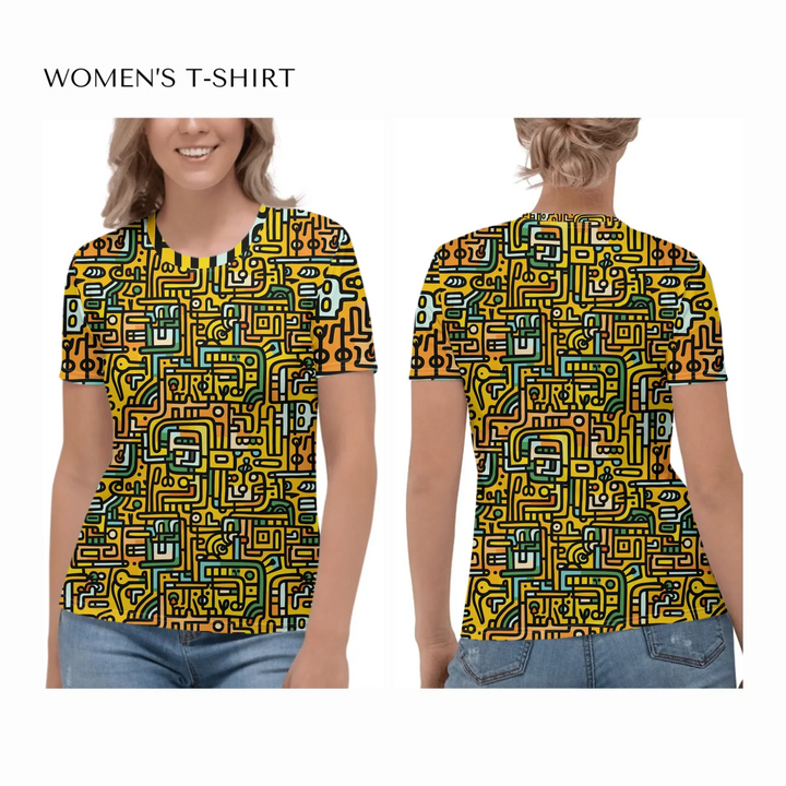 all-over-print-womens-crew-neck-t-shirt-on model-front-and-back-artfulane