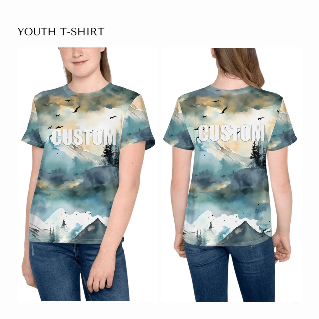 all-over-print-unisex-youth-crew-neck-t-shirt-on-girl-front-and-back-artfulane