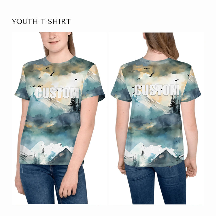 all-over-print-unisex-youth-crew-neck-t-shirt-on-girl-front-and-back-artfulane