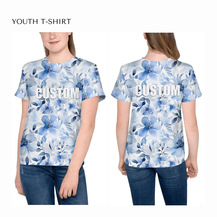 all-over-print-unisex-youth-crew-neck-t-shirt-on-girl-front-and-back-artfulane