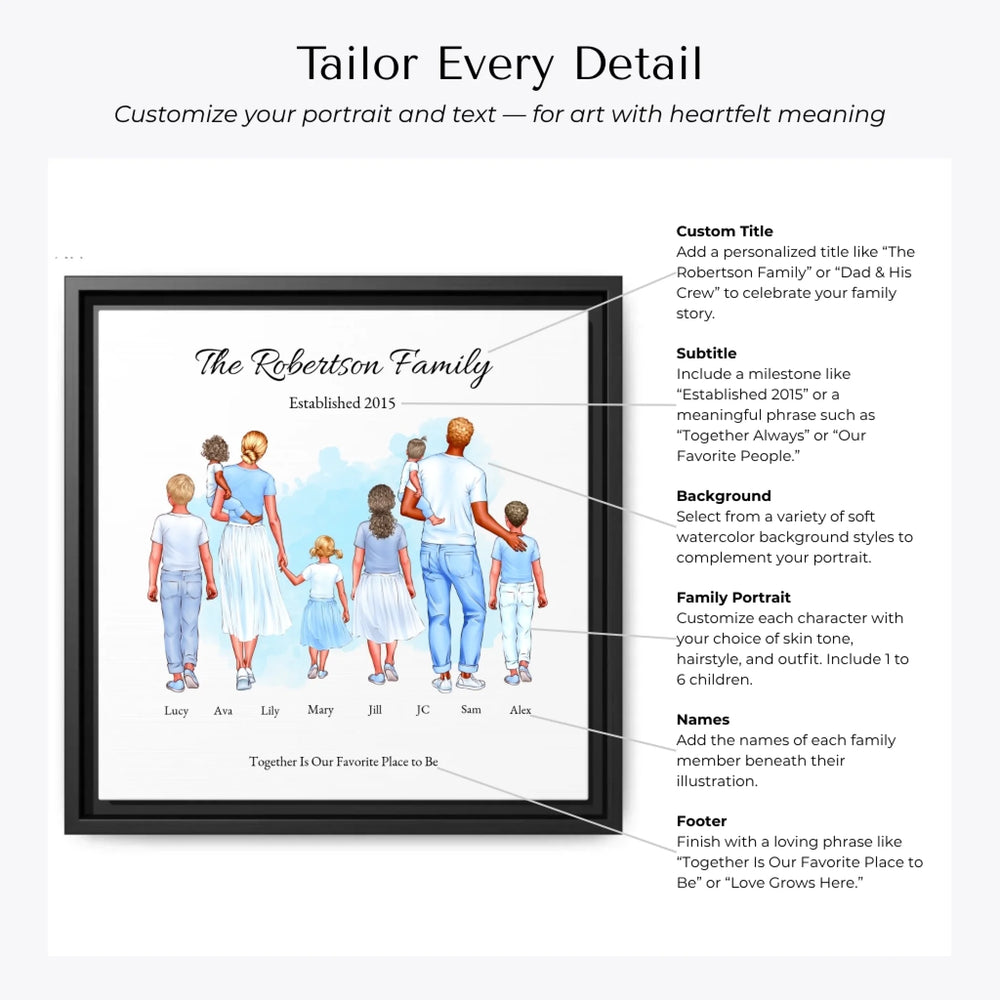 Illustrated custom standing family portrait wall art with up to 8 personalized family members, custom names, outfits, and sentimental text -Customization Options-ARTFULANE