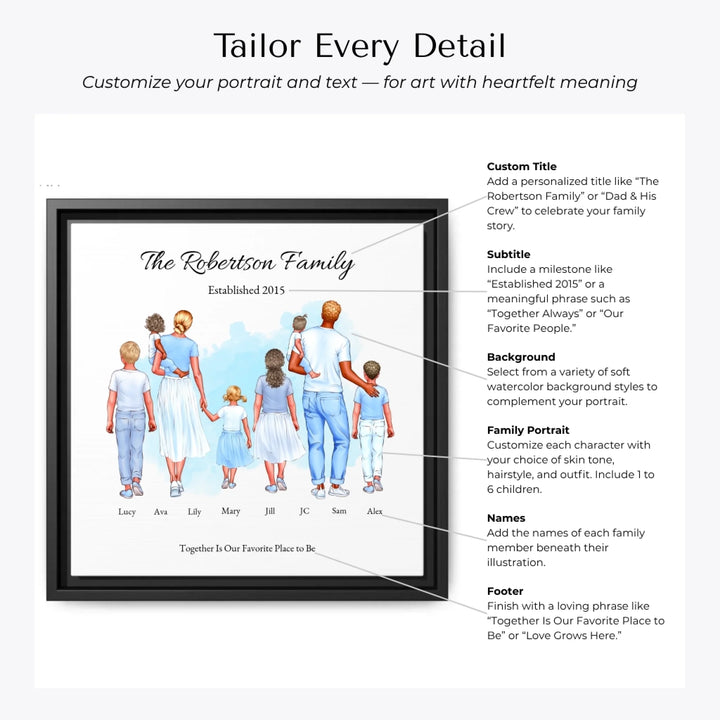 Illustrated custom standing family portrait wall art with up to 8 personalized family members, custom names, outfits, and sentimental text -Customization Options-ARTFULANE