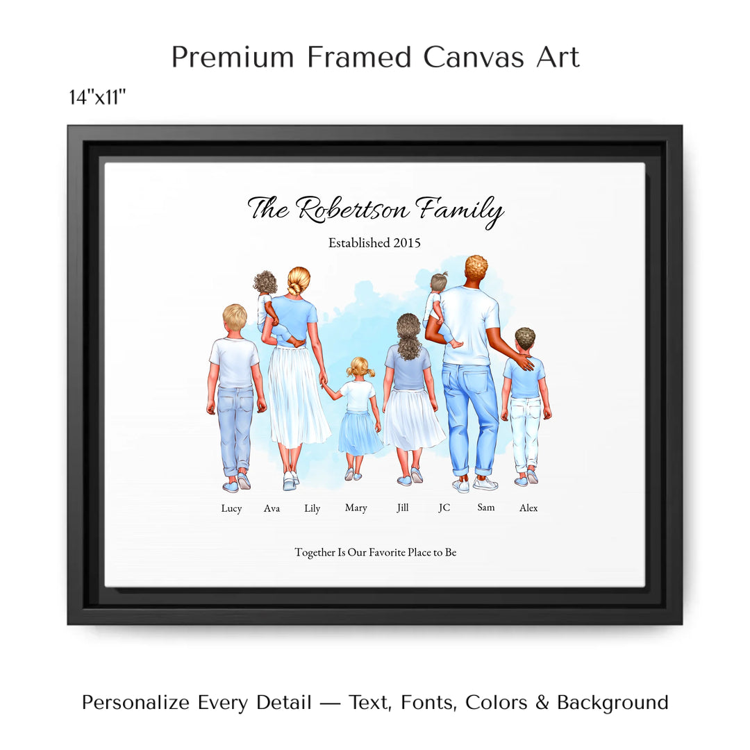 Illustrated custom standing family portrait wall art with up to 8 personalized family members, custom names, outfits, and sentimental text - 14x11 framed canvas-ARTFULANE