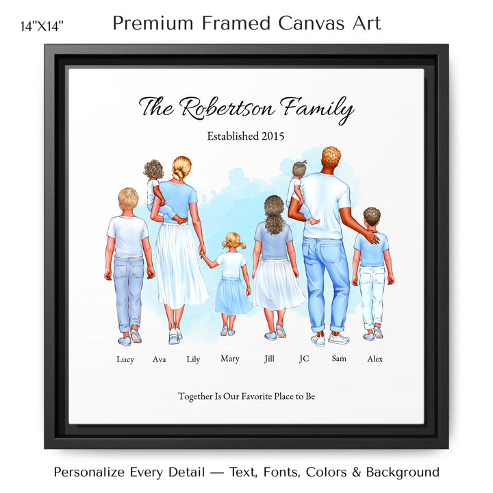 Illustrated custom standing family portrait wall art with up to 8 personalized family members, custom names, outfits, and sentimental text - 14x14 framed canvas-ARTFULANE