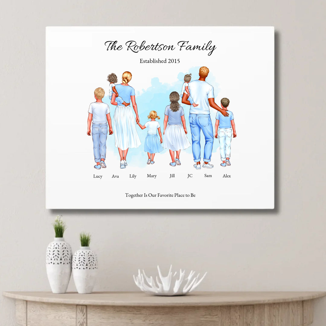 Illustrated custom standing family portrait wall art with up to 8 personalized family members, custom names, outfits, and sentimental text - unframed canvas on wall-ARTFULANE