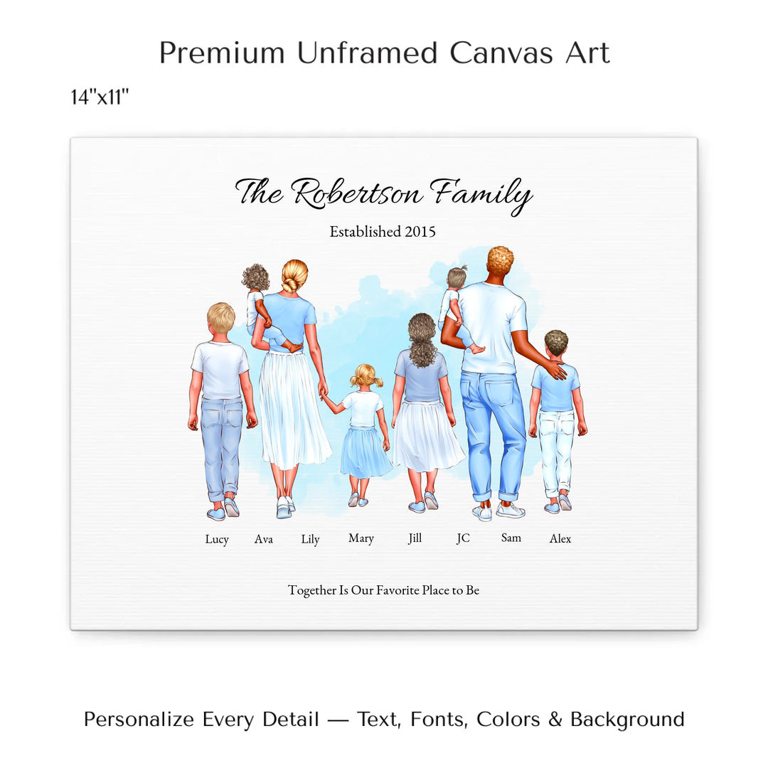Illustrated custom standing family portrait wall art with up to 8 personalized family members, custom names, outfits, and sentimental text - 14x11 stretched canvas-ARTFULANE