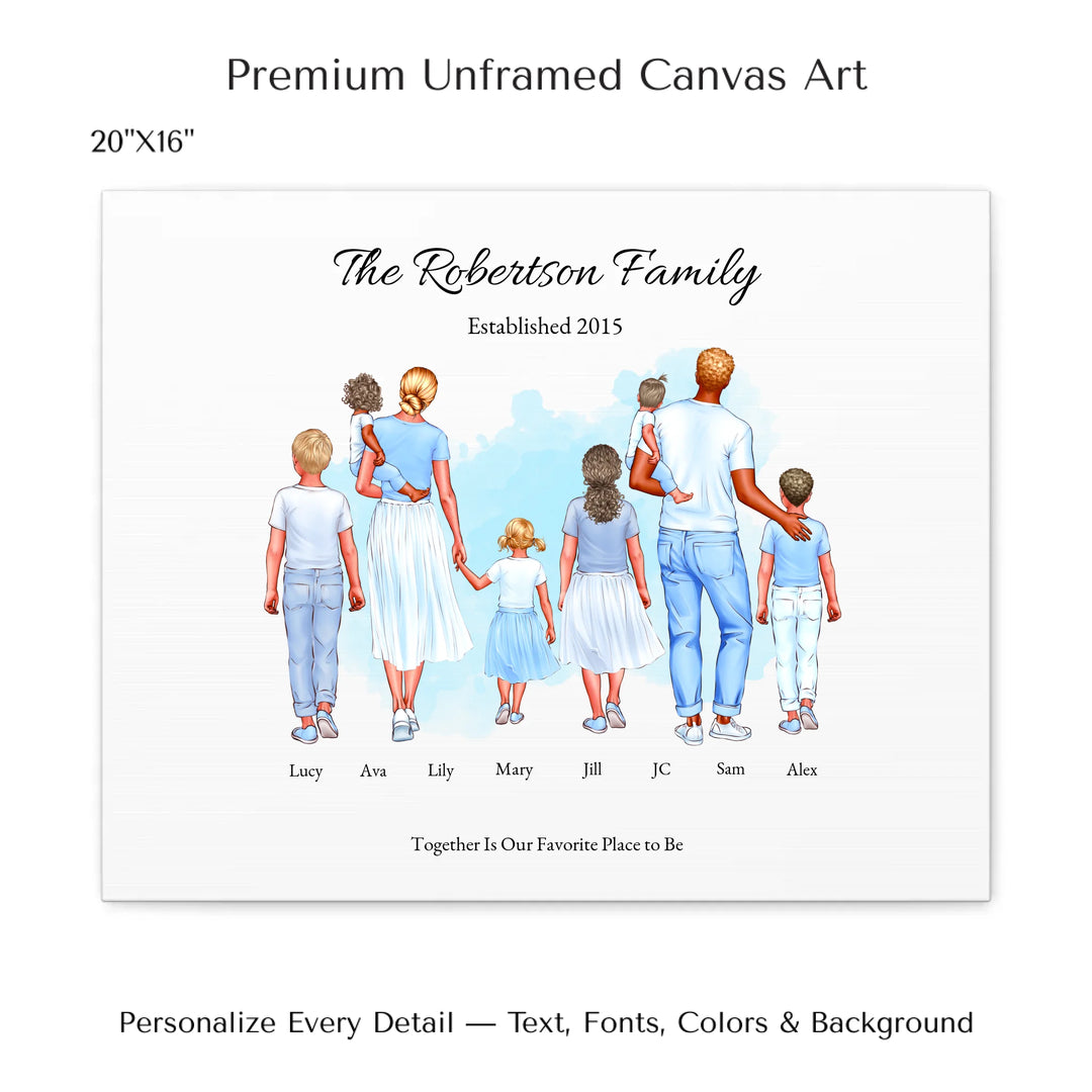 Illustrated custom standing family portrait wall art with up to 8 personalized family members, custom names, outfits, and sentimental text - 20x16 stretched canvas-ARTFULANE