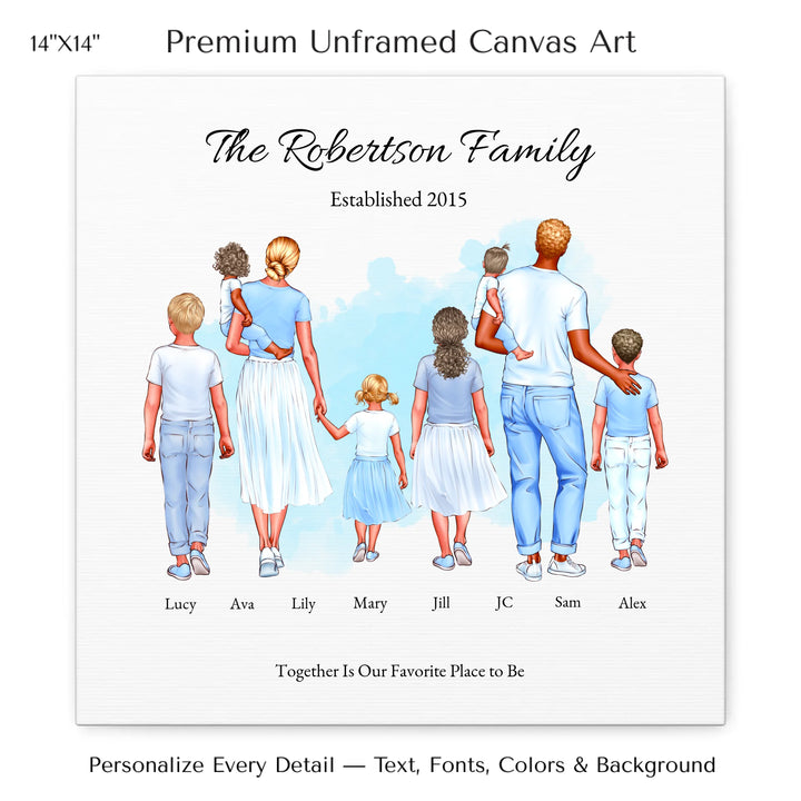 Illustrated custom standing family portrait wall art with up to 8 personalized family members, custom names, outfits, and sentimental text - 14x14 stretched canvas-ARTFULANE