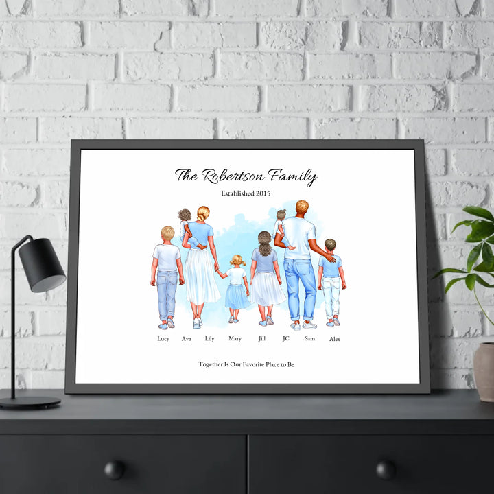 Illustrated custom standing family portrait wall art with up to 8 personalized family members, custom names, outfits, and sentimental text - framed poster on table-ARTFULANE