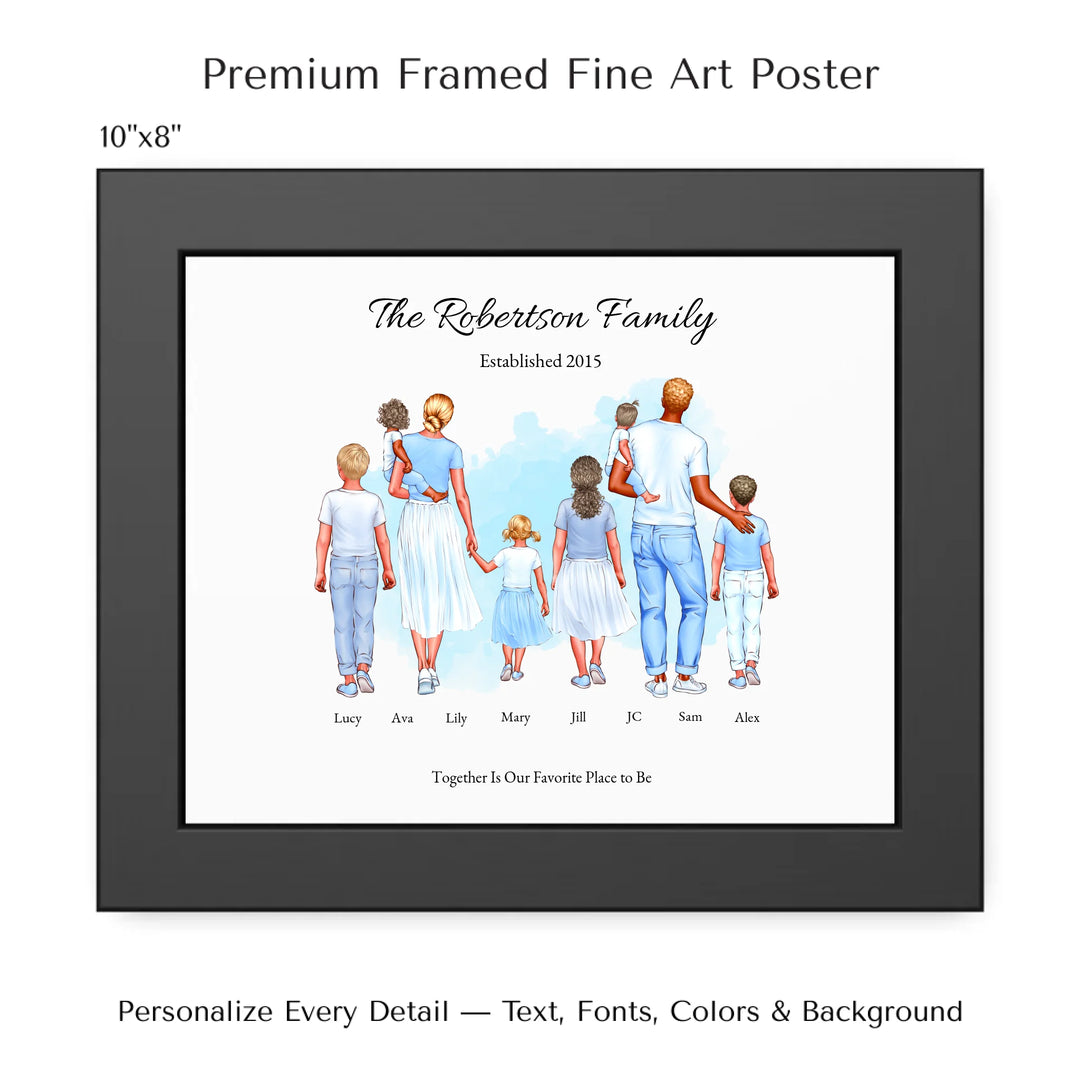 Illustrated custom standing family portrait wall art with up to 8 personalized family members, custom names, outfits, and sentimental text - 10x8 framed poster-ARTFULANE
