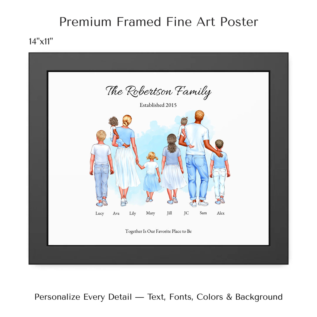 Illustrated custom standing family portrait wall art with up to 8 personalized family members, custom names, outfits, and sentimental text - 14x11 framed poster-ARTFULANE