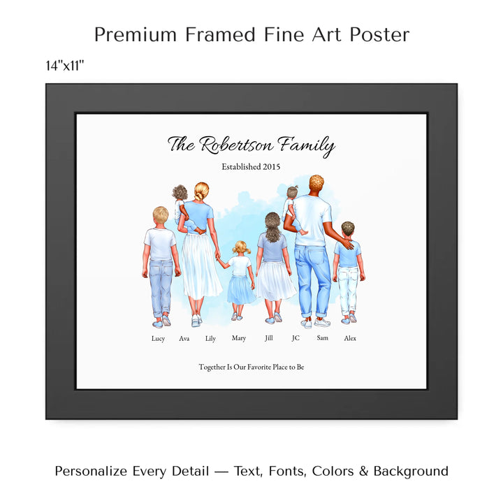 Illustrated custom standing family portrait wall art with up to 8 personalized family members, custom names, outfits, and sentimental text - 14x11 framed poster-ARTFULANE