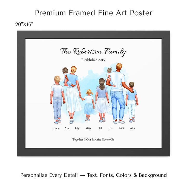 Illustrated custom standing family portrait wall art with up to 8 personalized family members, custom names, outfits, and sentimental text - 20x16 framed poster-ARTFULANE