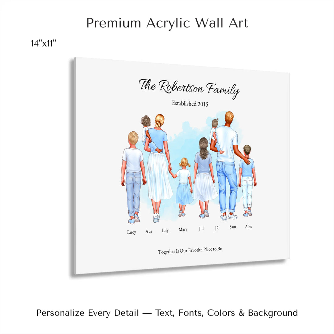 Illustrated custom standing family portrait wall art with up to 8 personalized family members, custom names, outfits, and sentimental text - 14x11 acrylic print with french cleat-ARTFULANE