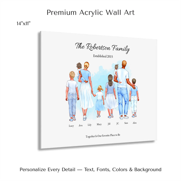 Illustrated custom standing family portrait wall art with up to 8 personalized family members, custom names, outfits, and sentimental text - 14x11 acrylic print with french cleat-ARTFULANE