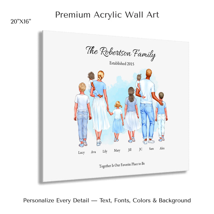 Illustrated custom standing family portrait wall art with up to 8 personalized family members, custom names, outfits, and sentimental text - 20x16 acrylic print with french cleat-ARTFULANE